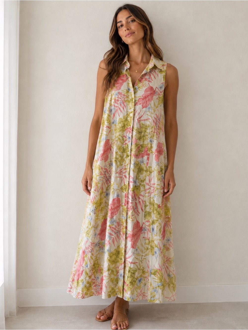Jacklyn Smith Sleeveless Floral Button-Front Maxi Dress - Pink & Green